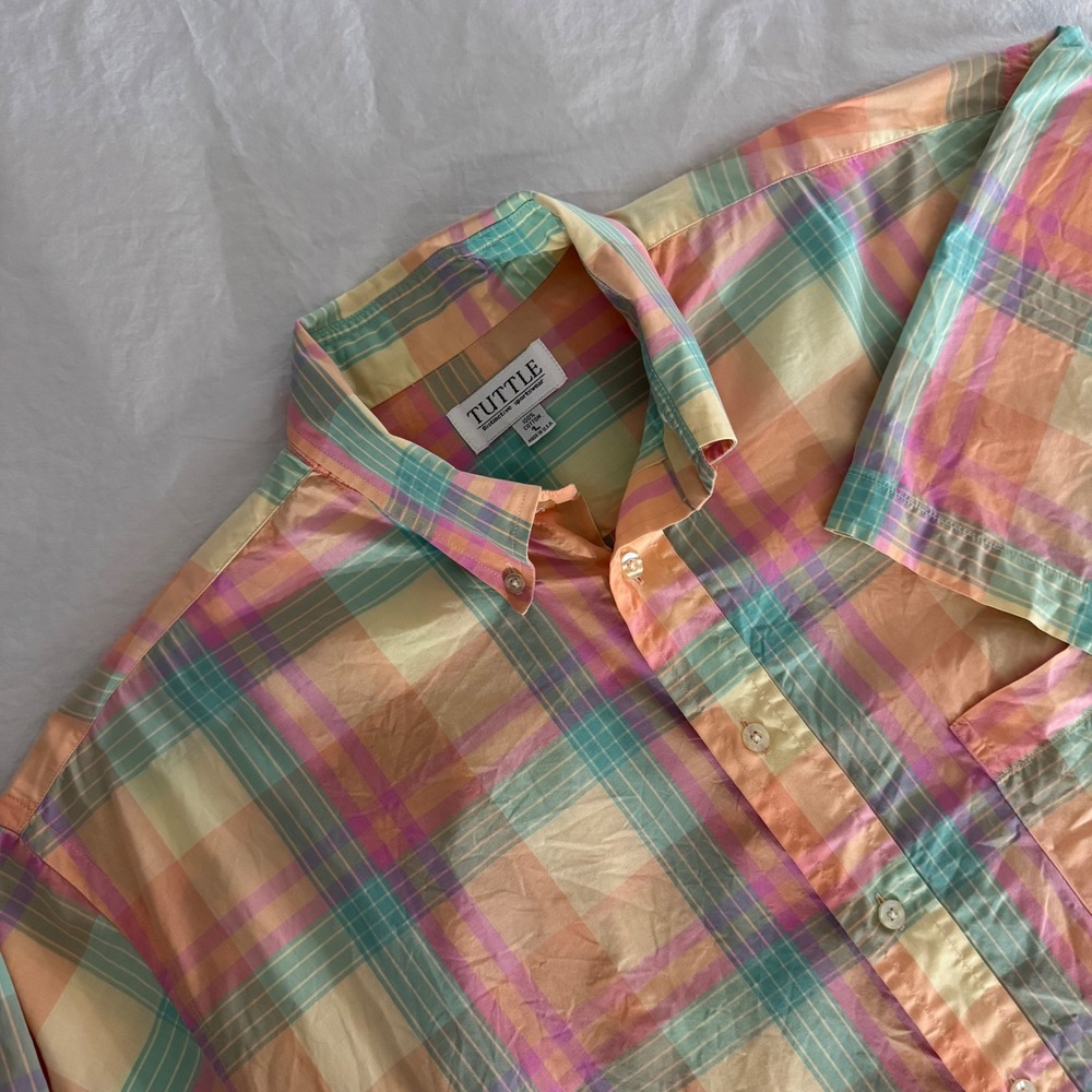 Tuttle Men's Large Multicolor Plaid Short Sleeve Cotton‎ Button Down Shirt USA